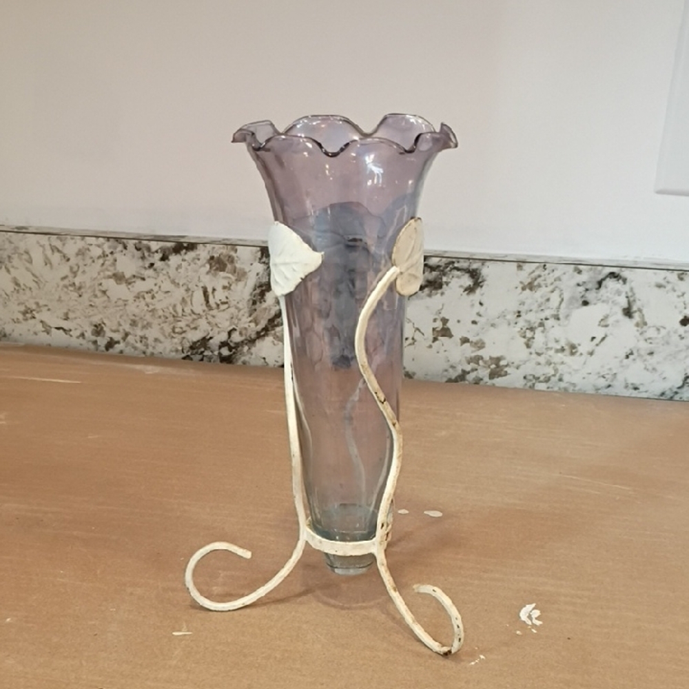 Estate Lavender Glass Vase with Cream Metal Stand